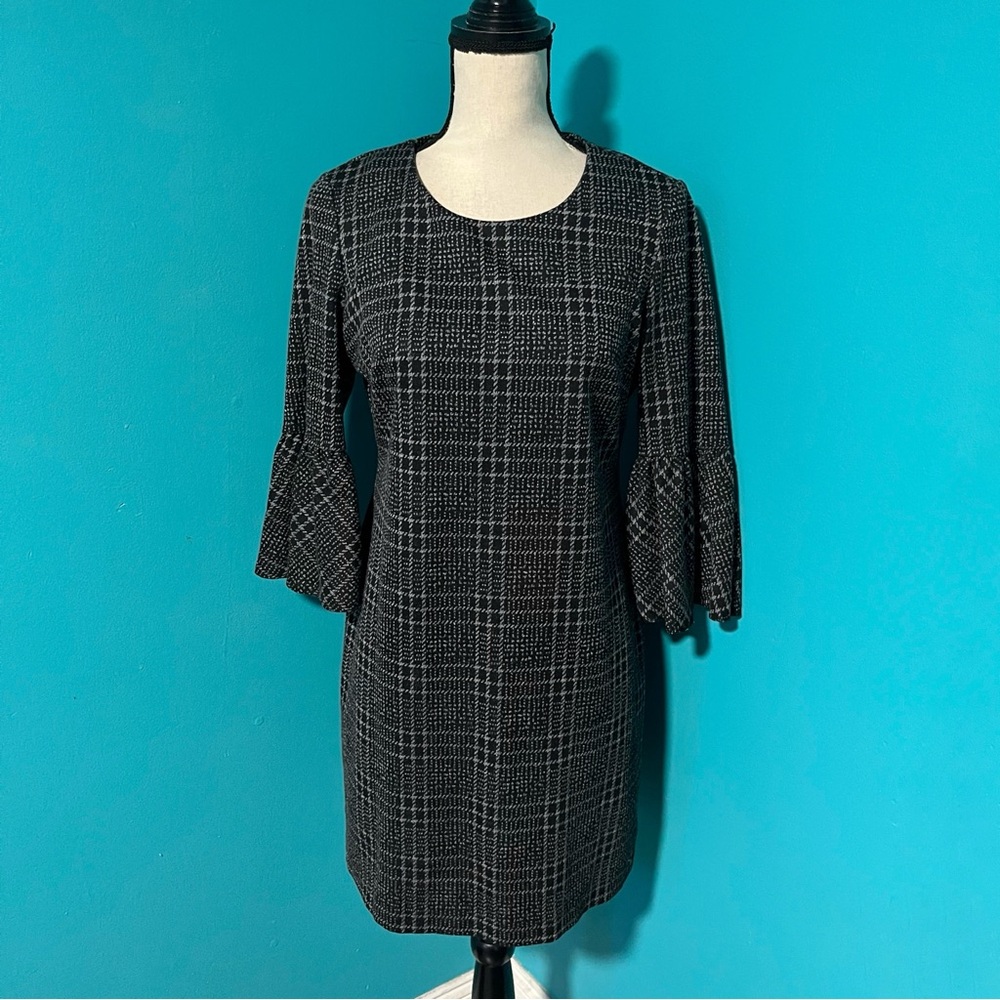 Calvin Klein 8 Houndstooth Plaid 3/4 Bell Sleeve Ponte Knit Sheath Dress